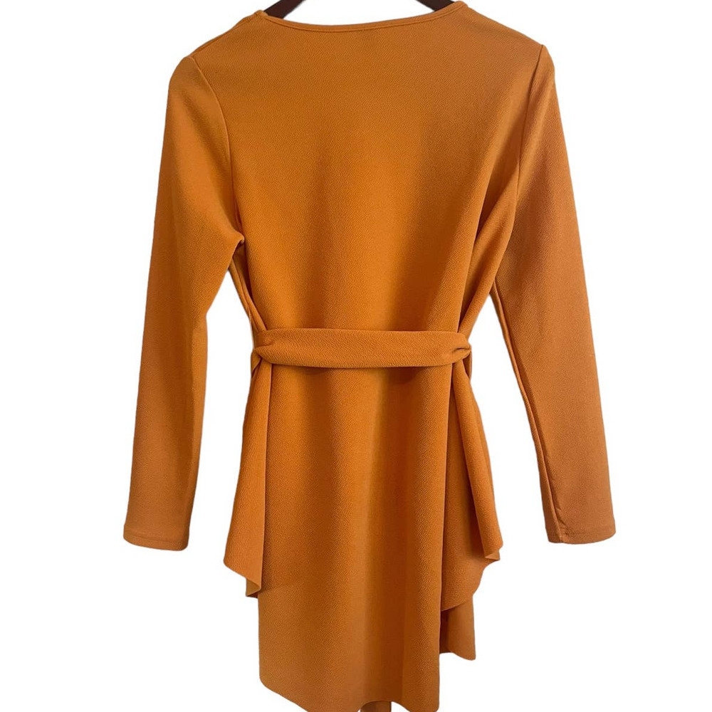 Shein Top Women Size 6 Orange Crew Neck Long Sleeve Tiered Belted Pullover - Picture 3 of 11